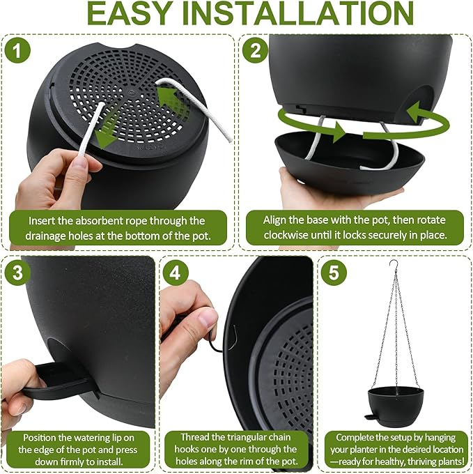 WOUSIWER Self Watering Hanging Planters, 2 Pack 10'' Plastic Pots with Drainage Holes & Reservoir Tray (Black) | Indoor & Outdoor Use for Ferns, Ivy, Herbs, Succulents WOUSIWER