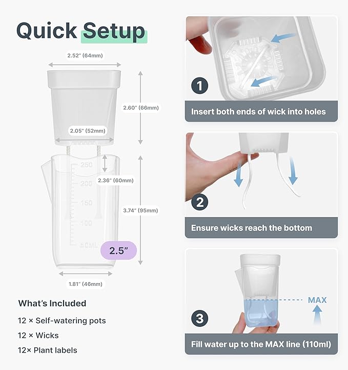 12 Pack 2.5" Small Self Watering Pots for Indoor Plants, Mini Clear Plastic Planters, Semi-Hydro, Propagation, Cuttings, Seedlings, Hoya, African Violets, Alocasia, LECA, PON,12 Plant Label Vandorelle