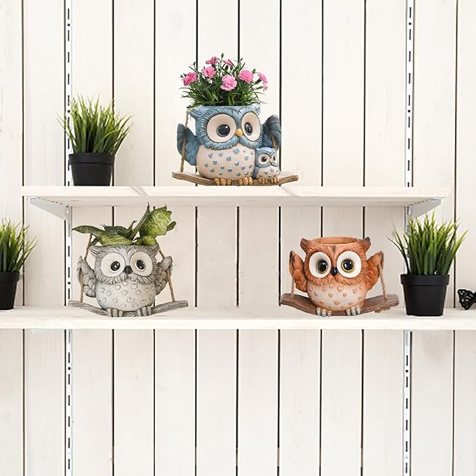 Swing Owl Hanging Planters for Indoor Plants, Cute Small Succulent Pots with Drainage Hole, Unique Resin Plant Hangers Outdoor, Hanging Plant Holder for String Of Pearls, Gift Ideas for Mother Saysmile