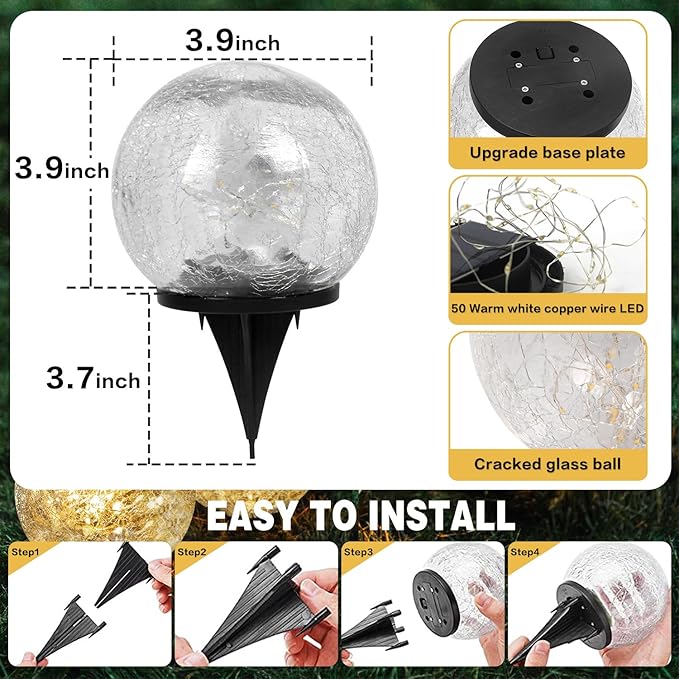 Solar Garden Lights Outdoor Waterproof, 4 Pack 30 LEDs Cracked Glass Ball Light, Ground Landscape Garden Decor, Solar Globe Decorative for Pathway/Patio/Lawn/Yard (Multicolor, 3.9") SyouHome