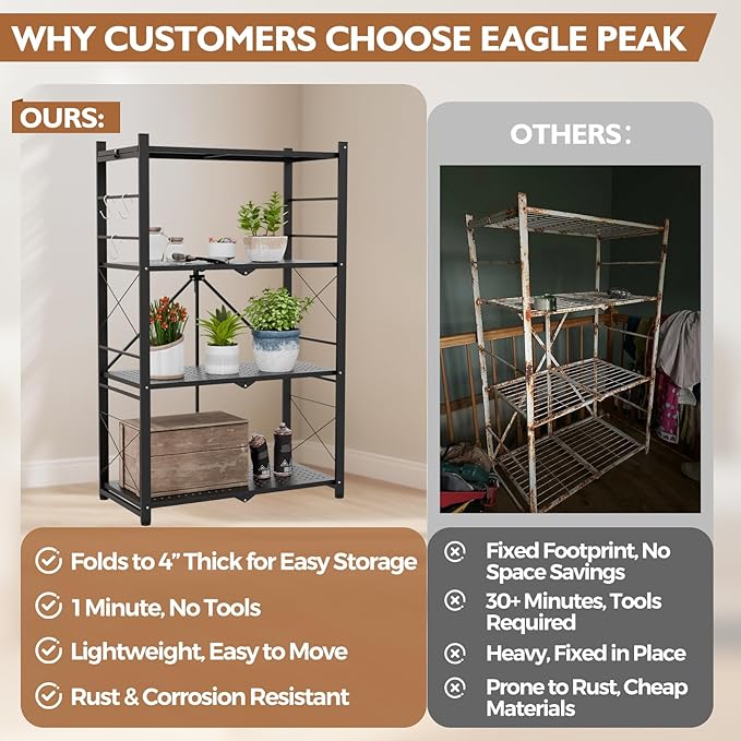 EAGLE PEAK 4-Tier Foldable Greenhouse Shelf, Heavy Duty Metal Storage Rack, No Assembly Steel Shelving Unit, Plant Stand for Greenhouse and Multi-Use Storage, 28”x14.6”x44.7”, 520 lbs, 1 Pack, Black EAGLEPEAK