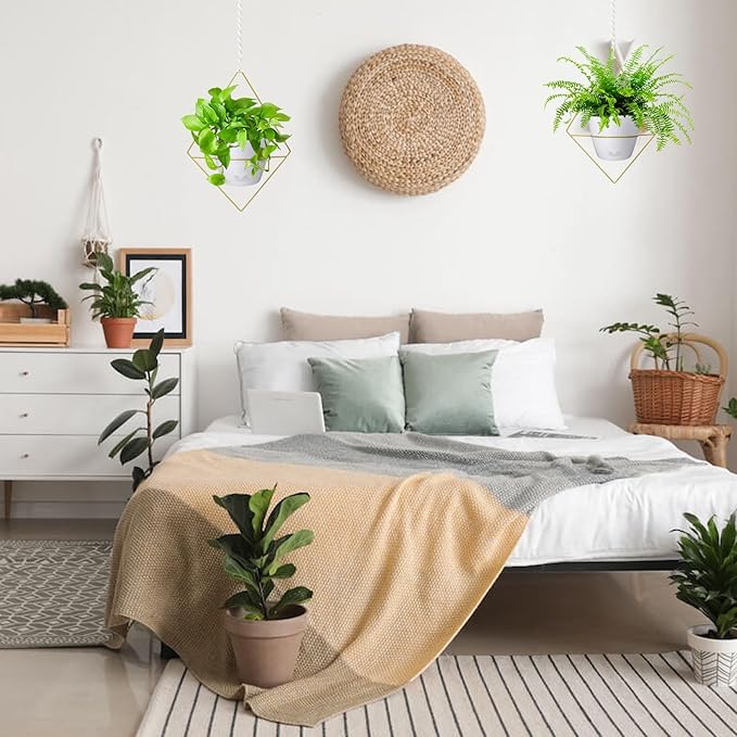 Hanging Planters for Indoor Plants, 2 Set Self Watering Hanging Flower Pots, Modern Hanging Plant Baskets with Metal Plant Holder & 6.5 Inch Plastic Pots for Garden Home Decor (Gold Frame White Pot) Koalaime