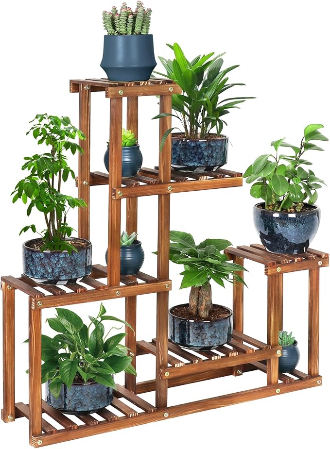 Wood Plant Stand Indoor Outdoor Multi Tiered Corner Plant Shelf Holder High Low Flower Rack Stand for Indoor Multiple Plants 9 Potted Organize Shelves in Living Room Garden Balcony Patio Yard COOGOU