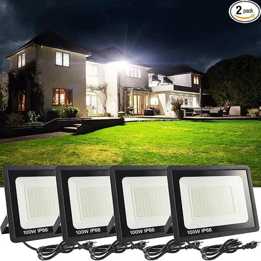 4Pack LED Flood Light Outdoor,100W LED Work Light 11000lmwith 6FT US Plug,IP66 Waterproof Exterior Security Lights,6000K Daylight White Outside Floodlights Slim Design for Playground Yard MUCLUD