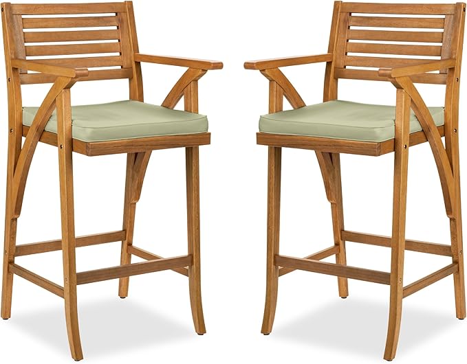 Best Choice Products Set of 2 Outdoor Acacia Wood Bar Stools Bar Chairs for Patio, Pool, Garden w/Weather-Resistant Cushions - Sage BestChoiceProducts