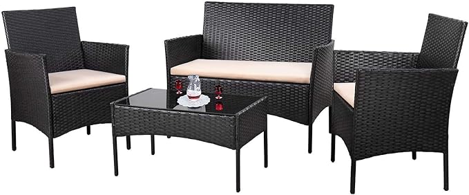 Homall 4 Pieces Outdoor Patio Furniture Sets Rattan Chair Wicker Set,Outdoor Indoor Use Backyard Porch Garden Poolside Balcony Furniture (Black and Beige) Homall