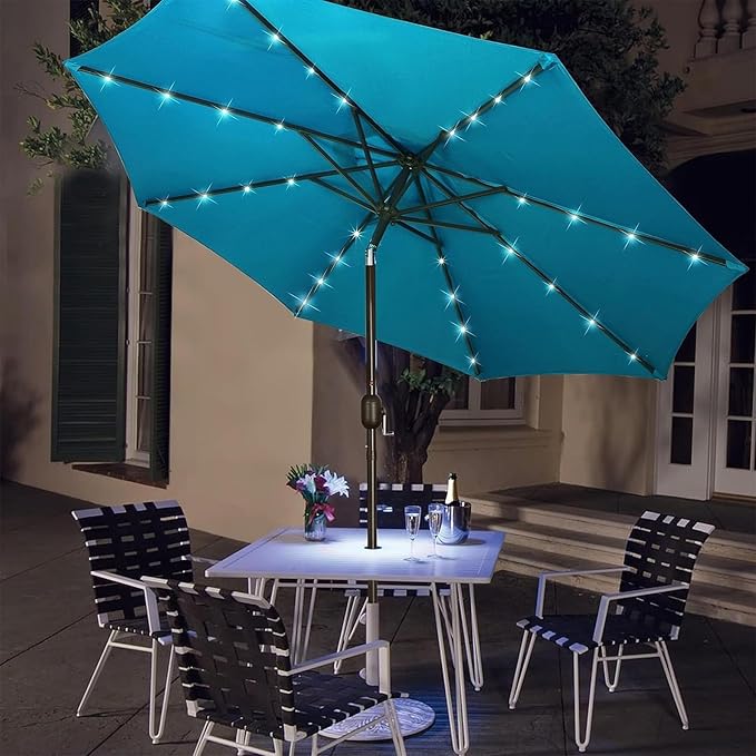 Blissun 9 ft Solar Umbrella, 32 LED Lighted Patio Umbrella, Table Market Umbrella, Outdoor Umbrella for Garden, Deck, Backyard, Pool and Beach (Light Blue) Blissun