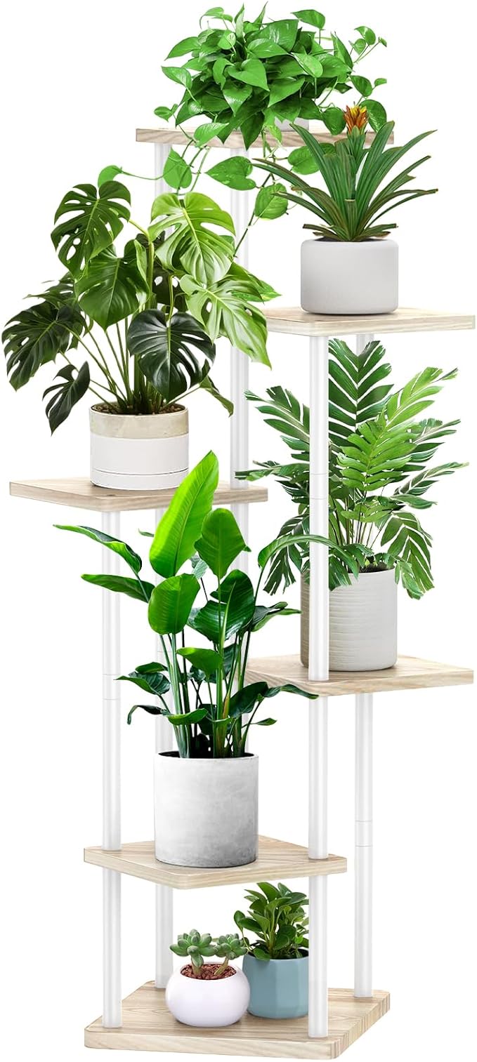 6 Tier Wood Tall Plant Stand Metal Rack Indoor, Multiple Flower Pot Holder Shelves Corner Rack, Planter Shelf Display Rack Storage Organizer for Patio Living Room Balcony Garden(White Oak) YOCOMEY