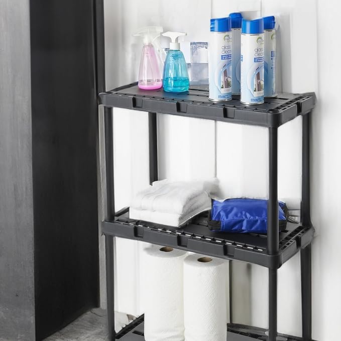 Gracious Living 3 Pack Light Duty Storage Shelves, Knect-A-Shelf 3-Shelf Ventilated Shelving Rack Organizer for Home, Garage, Basement, Laundry, Black GraciousLiving
