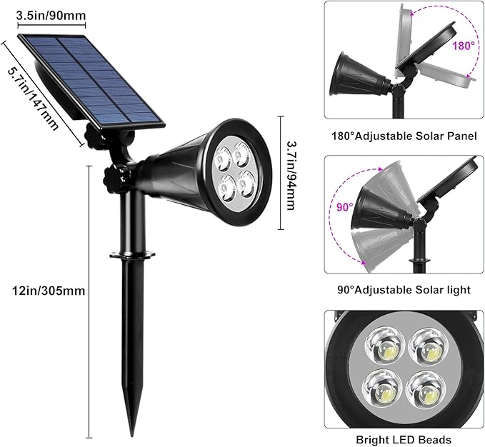 T-SUN [2 Pack] LED Solar Spotlights, Waterproof Outdoor Security Landscape Lamps, Auto-on/Auto-Off by Day, 180 Angle Adjustable for Tree, Patio, Yard, Garden, Driveway, Stairs, Pool Area(Purple) T-SUN