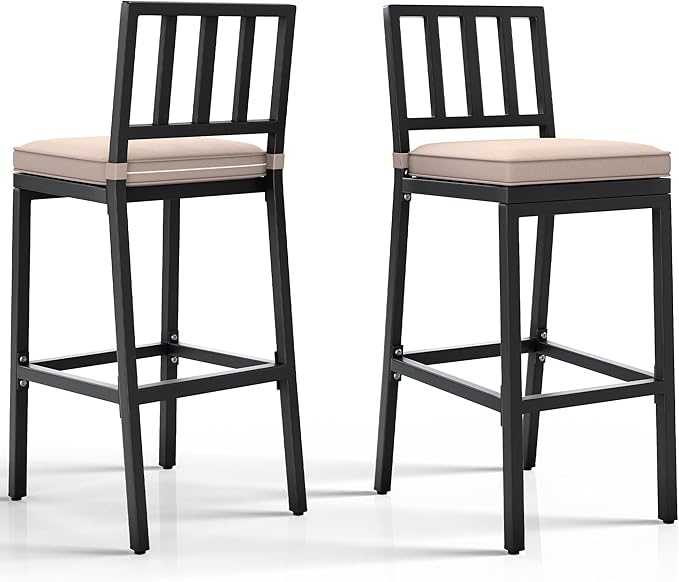YITAHOME Outdoor Bar Stools Set of 2, Cushioned Metal Outdoor Bar Stools w/Vertical Stripe Back, All-Weather Patio Bar Stools for Balcony Backyard Porch Poolside YITAHOME