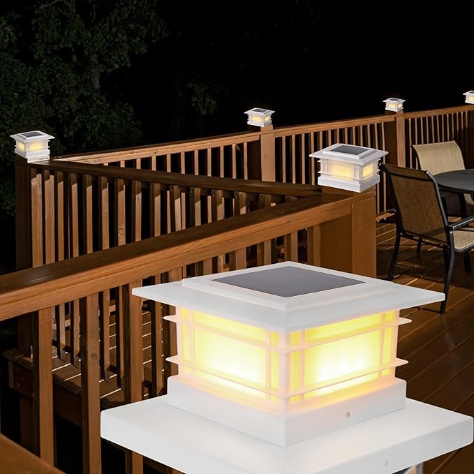 Dynaming 6 Pack Solar Post Cap Lights Outdoor, White Shell Fence Post Solar Lights Fit for 4x4 5x5 Vinyl/Wooden Posts, High Brightness Warm White SMD LED Lighting Decor for Garden Deck Patio Dynaming