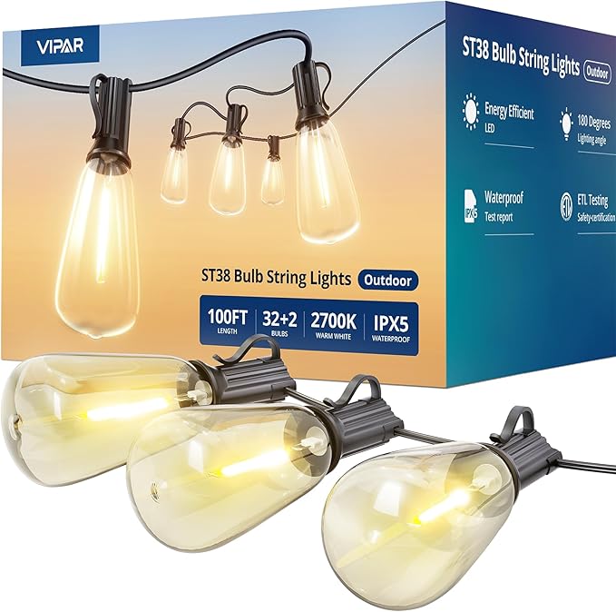 VIPAR LED Outdoor String Lights, 100FT Patio Lights with 32 Edison Shatterproof Bulbs, IPX5 Waterproof Outside Hanging Light Connectable for Backyard Porch Balcony Garden Deck Decor, E12 Base, Black VIPAR