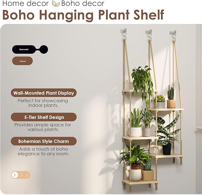 Bamworld Hanging Shelves Plant Hanger Indoor Window Plant Shelves Wood Plant Wall Shelf Window Sill Plant Shelf Indoor Hanging Plant Stand Living Room Decor Garden Boho Decor Bamworld