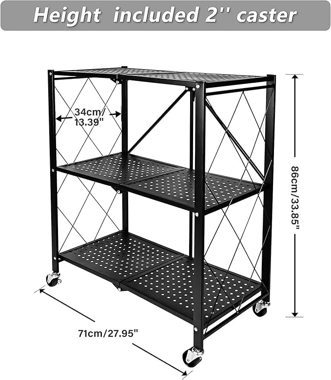 Kitchen Garage Metal Shelves, Storage Shelves Organizer, Foldable Metal Shelving, Closet Shelving Unit, 28" W x 14" D x 34" H Bakers Rack Microwave Stand, Plant Stand with Wheels (3-Tier Shelf) Rootora
