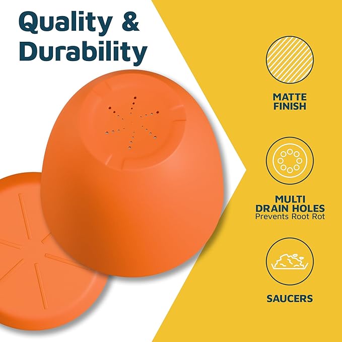 Yellow Plant Pots with Drainage Holes & Saucers 3 Pack, Indoor & Outdoor Stackable Space-Saving Planters for Houseplants & Flowers, (7", 6.7", and 6" Inches), Durable & Weatherproof Materials LIFEMASTER