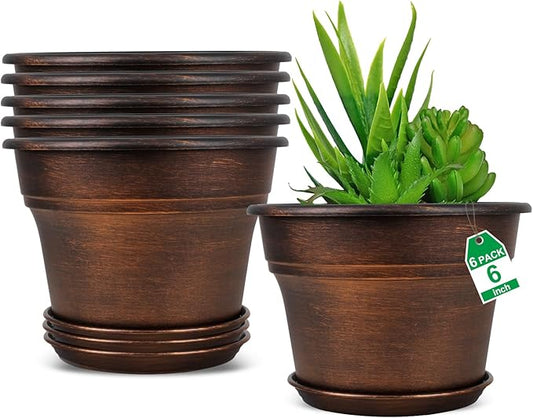 Plant Planters Pots Set of 6 Pack 6 Inch, Plastic Flower Pot For Indoor Plants With Drainage Holes & Trays, Resin Decorative Container Sets With Saucer For House Outdoor Garden Planters Dark Gold Fodetyff