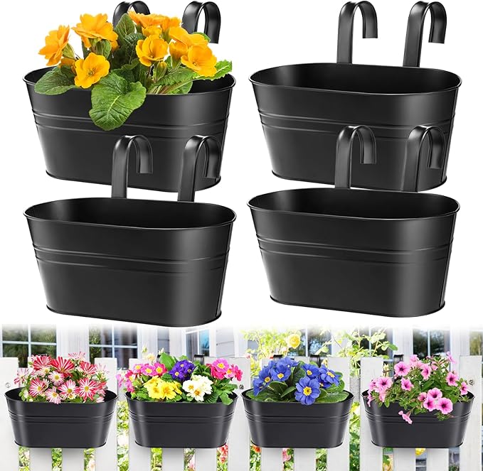 MADHOLLY Railing Planter with Drainage Holes - Sturdy Bucket Pots for Railing Fence, Countryside Style Metal Flower Pots for Herbs Balcony Garden Yard Decor, 4Pcs, Black MADHOLLY
