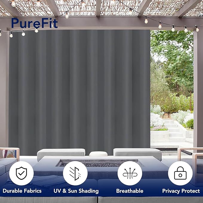 PureFit Outdoor Curtains for Patio Waterproof Weatherproof, UV Resistant Outside Curtains for Gazebo, Front Porch, Pergola, Sun Blocking Privacy Curtain, 120W x 95L inch, 1 Panel, Gray PureFit