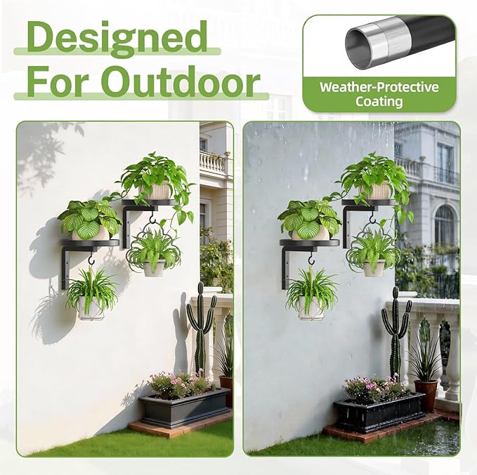 iDavosic.ly Wall Plant Holder Set of 2 for Outdoor with Drain Hole, Metal Hanger with 2 Hooks, Floating Flower Display Stand for Window, Space Saving & Easy to Assemble (Pots/Plants Not Included) iDavosicly