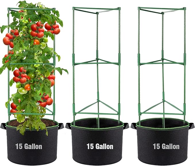 ANPHSIN 3 Sets Tomato Cages with 15 Gallon Grow Bags - 48" Stable Plant Garden Planter, Flowers Vegetable Trellis Pots for Tomato Vertical Climbing Plants Vines ANPHSIN