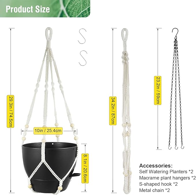 10 inch Self Watering Hanging Planters, 2 Pack Hanging Baskets for Indoor Outdoor Plants, Hanging Flower Pots with Drainage Holes & 2 Kinds of Plant Hangers for Garden Home Decor, Black Meowell