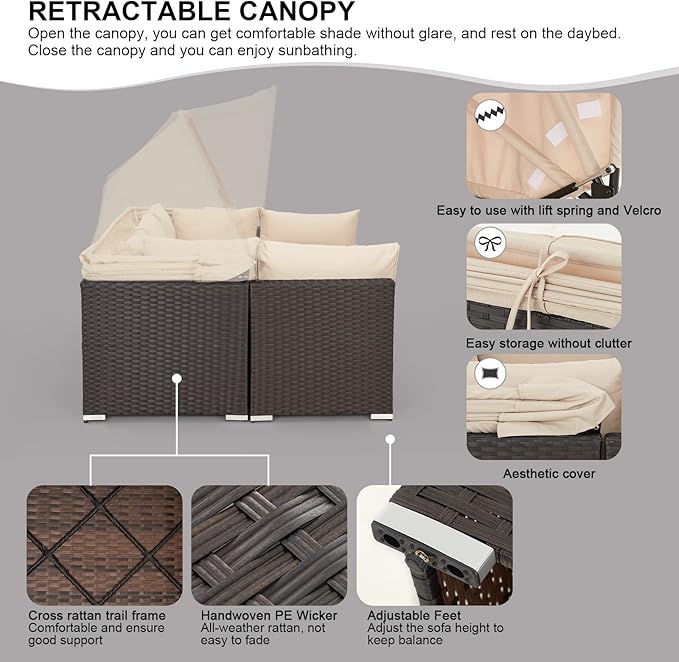 HOMREST 6 Pieces Patio Furniture Sets, Rattan Daybed with Retractable Canopy, Outdoor Sectional Sofa Set with Adjustable Backrest, Chaise Chair Sunbed for Garden Poolside Backyard (Khaki) HOMREST