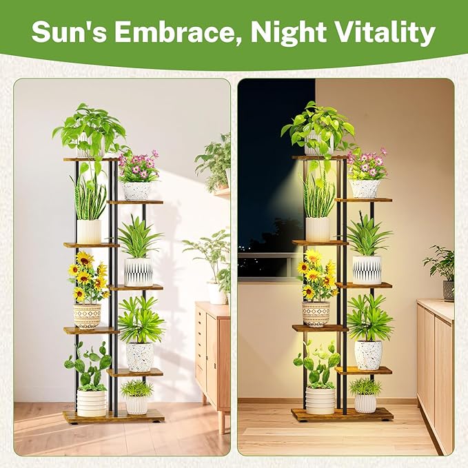 iDavosic.ly 6 Tier Tall Plant Stand Indoor with Light, Tiered Corner Metal Wood Multiple Flower Holder Shelf, 50 Inch Display Grow Rack for Living Room Bedroom, Modern Black & Rustic Brown iDavosicly