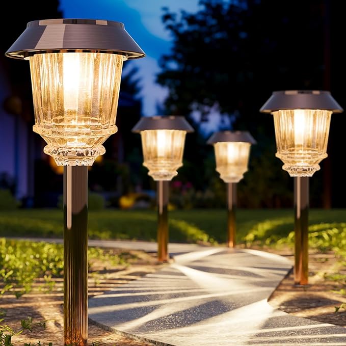 XMCOSY+ Solar Lights Outside Waterproof - 4 Pack Auto On/Off 10-40 LM Dimmable Outdoor Solar Lights for Yard Garden Pathway Driveway Walkway (Warm White) XMcosy
