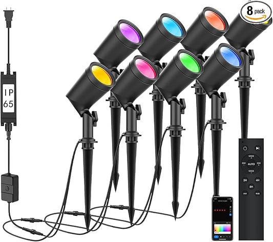 SUNTHIN 8 Pack 36W Smart Landscape Lights, RGBW Color Changing Landscape Lights with Remote, Work with Alexa and Google Home, IP65 Waterproof, for Garden, Yard, Lawn, Wall, Tree, Fence (4.5W/Light) SUNTHIN