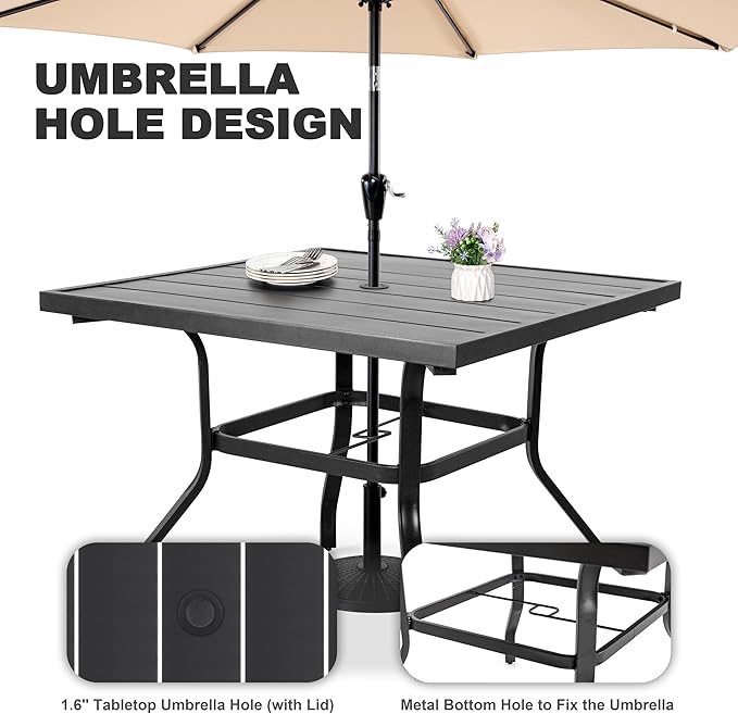 NUU GARDEN 37" Outdoor Patio Table, 4 Person Steel Slat Square Dining Table with 1.57" Umbrella Hole, Slatted Top and Powder Coated Iron Frame for Patio, Garden and Balcony, Black NUUGARDENCORPORATION