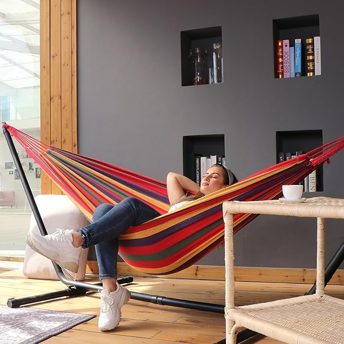 ANYOO Cotton Hammock Portable Camping Hammocks for Hanging Sturdy Garden Comfortable Fabric Hammock with Tree Straps Up to 660lbs with Travel Bag for Camping Outdoor/Indoor Patio Backyard Anyoo