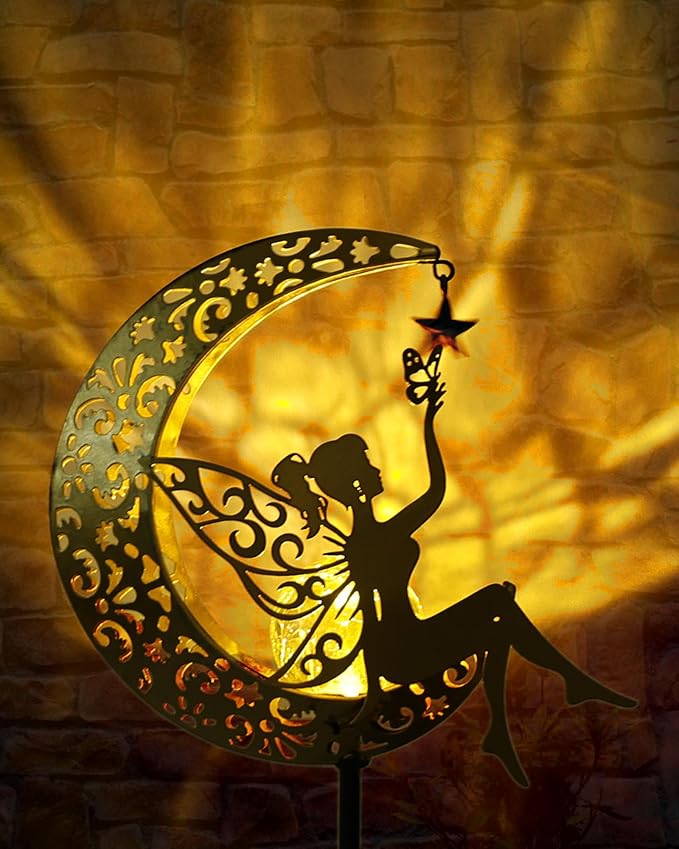 Solar Garden Statues Outdoor Decor, Fairy Moon Figurine Light Stake, Housewarming Ornament for Patio, Lawn, Yard, Pathway - Unique Gift Ideas for Gardening Mom Grandma Vuees