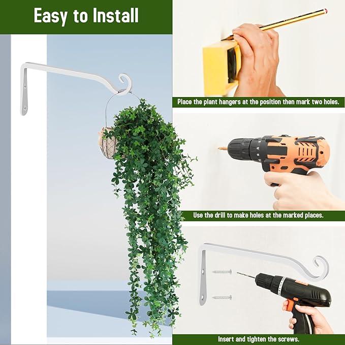 FEED GARDEN Hanging Plant Bracket 10 Inch 2 Pack, Hand-Forged Plant Hanger for Hanging Bird Feeders, Wind Chimes, Flower Baskets, Lanterns, Indoor/Outdoor Use, White FEEDGARDEN