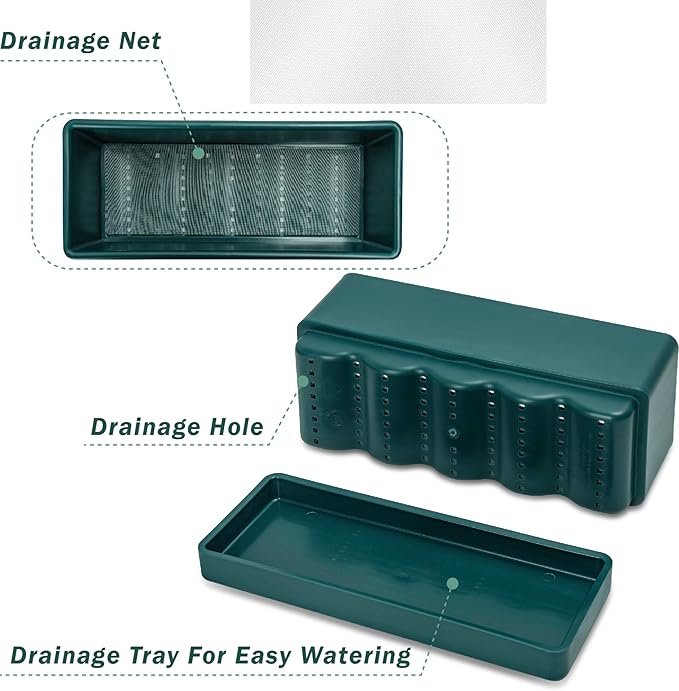 D'vine Dev 12 Inch Window Box Planter, Rectangle Plastic Herb Planter with Drainage Holes and Saucer, Indoor Succulent Cactus Vegetable Pot for Windowsill, Garden Balcony, Green, Set of 2, 76-X-C-2 DvineDevPlanterPotsandStand