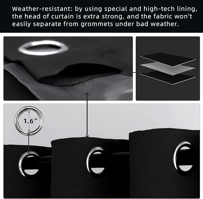 DIVA EN CAMINO DEC Outdoor Patio Curtain Waterproof Darkening Thermal Insulated Indoor Curtains for Bedroom, Porch, Living Room, Pergola, Cabana, W52 x L95, Black, Set of 2 Panels DivaenCamino