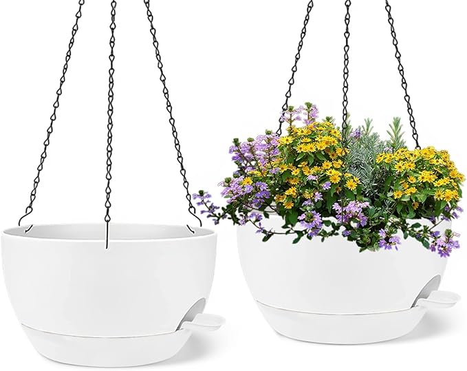 2 Pack 12 Inch Self Watering Hanging Planters for Indoor Plants, Large White Plastic Hanging Pots with Chains for Outdoor Patio Garden Home Decor White zople