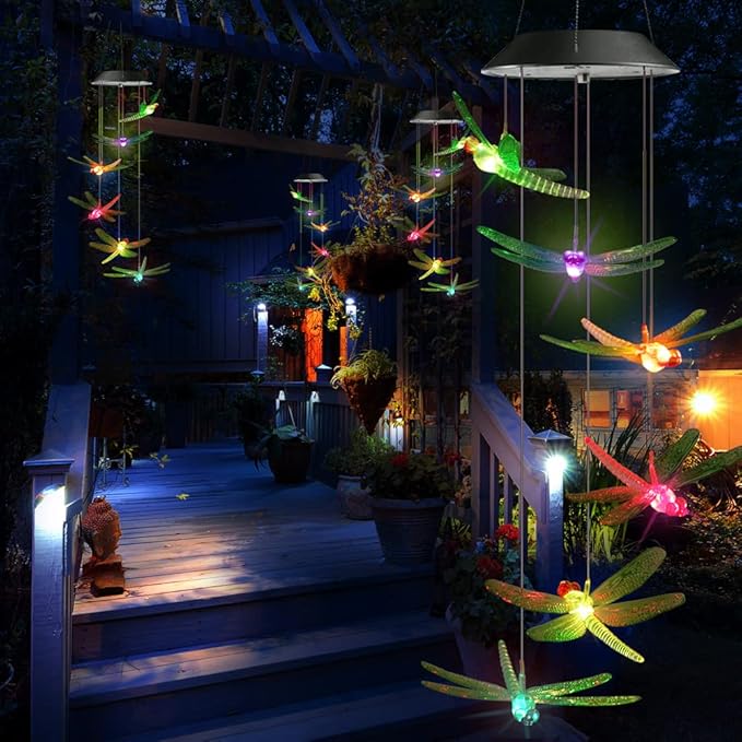 Toodour Solar Wind Chimes Outdoor, Color Changing Solar Lights Dragonfly, Gifts for Mom Grandma, Waterproof Decorative Mobile Light, Gardening Gift for Garden,Patio, Window, Yard, Outdoor Decor Toodour