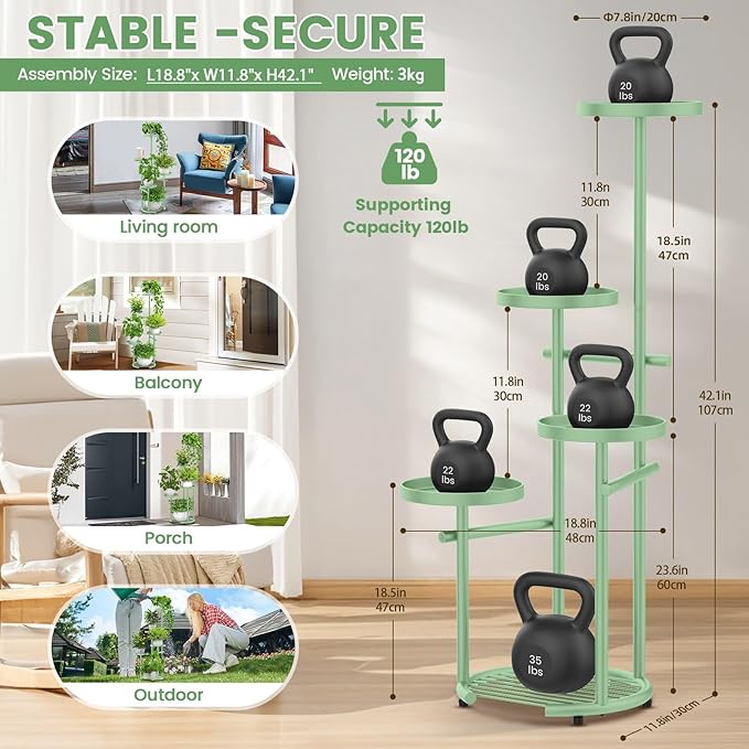 TOSKING 5 Tier Metal Plant Stand Indoor， Plant Shelf, Corner Shelf Flower Pot Stand for Outdoor Plant Stand for Living Room Balcony Garden Patio Bedroom (Green, 42in) TOSKINGESSENCE