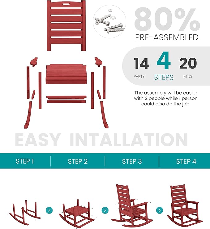 SERWALL Outdoor Rocking Chair, Oversized Rocking Chair with Footrest for Adults, HDPE All Weather Resistant Rocking Chairs for Patio, 350lbs Weight Capacity, Red SERWALL