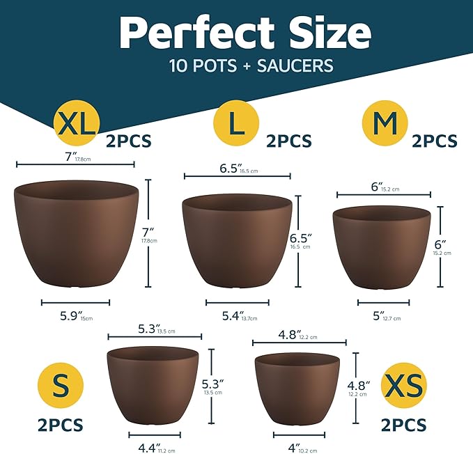 Planter Pots with Drainage Holes - Lightweight, Durable & Space-Saving Pots for Indoor and Outdoor - Versatile Functionality, Simple Modern Design, Set of 10 Plastic Planter Pots - Brown LIFEMASTER