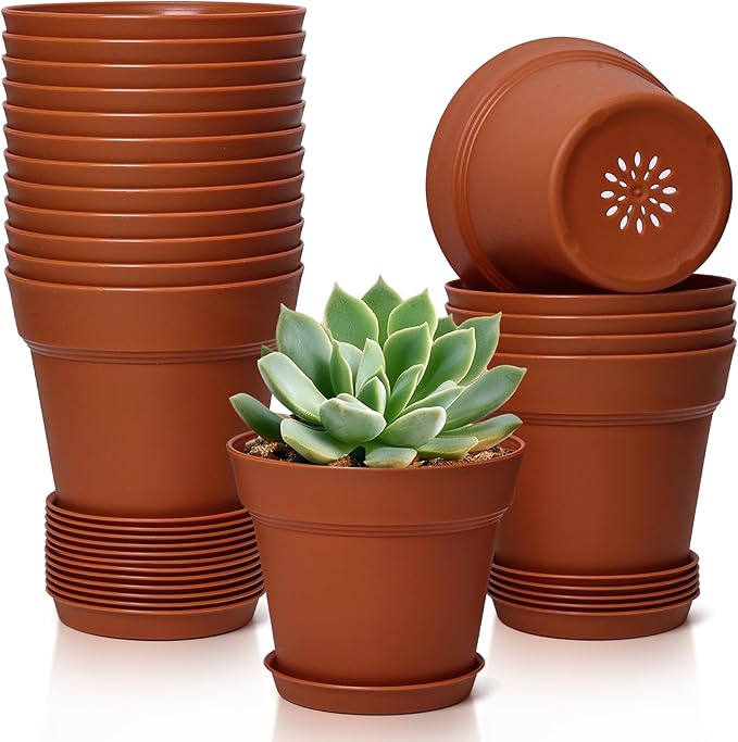 T4U 4 Inch Plant Pots 18-Pack, Small Flower Pots with Saucer and Drainage Hole, Durable Plastic Pots, Nursery Small Flower Pot Bulk for Plants, Succulent, Violet, Decorative (18 Pack 4" Pot) T4U