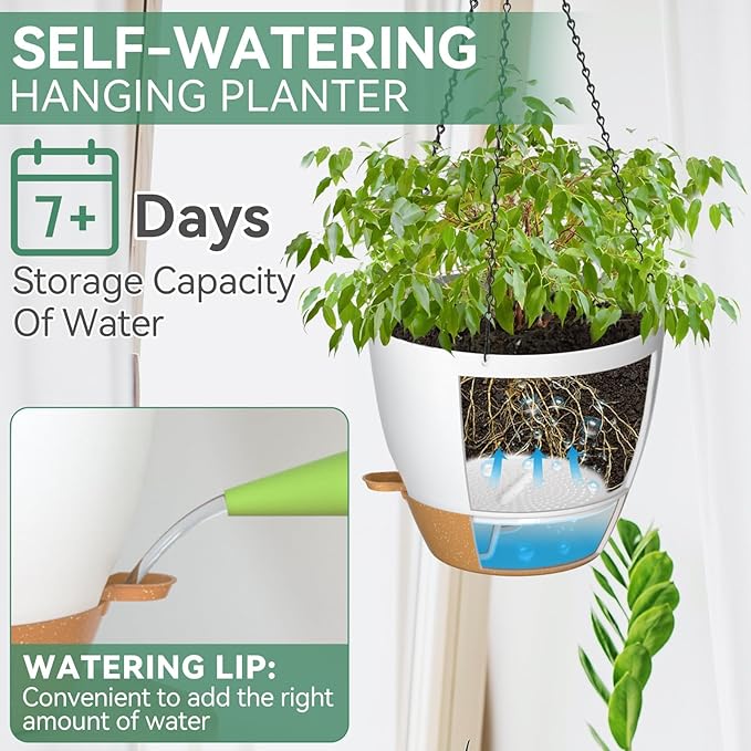 ZMTECH 12 Inch Hanging Planters for Indoor Outdoor Plants, 1 Pack Self Watering Hanging Plant Pots with Drainage Holes and Removable Saucer, Plastic Flower Hanging Pots with Watering Lip (White) HighQualityGardeningTools