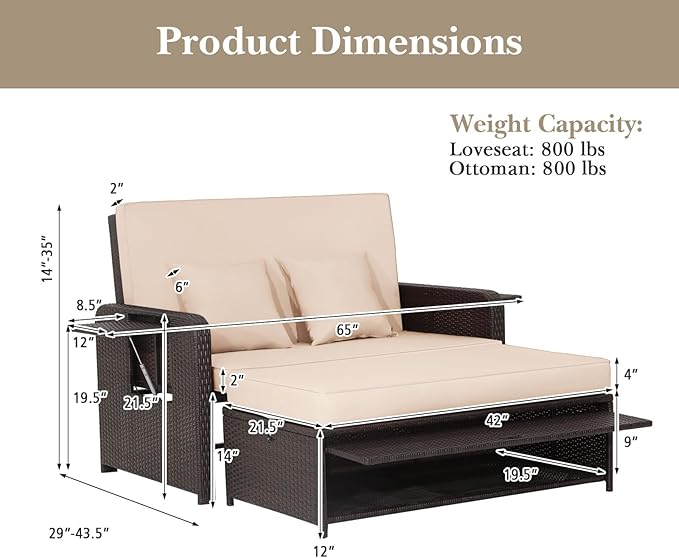 Tangkula Patio Rattan Daybed with 4-Level Adjustable Backrest, Outdoor PE Wicker Loveseat with Storage Ottoman & Folding Side Tray, Double Sunbed Lounger for Balcony, Backyard & Poolside TANGKULA