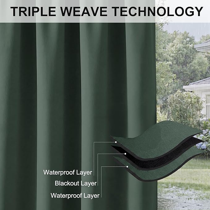RYB HOME Outdoor Curtains for Patio Waterproof Block Sunlight Thermal Insulated Privacy Assured Thick Outside Curtains for Pergola, Deck, Gazebo, W52 x L90, Dark Green, 1 Panel RYBHOME