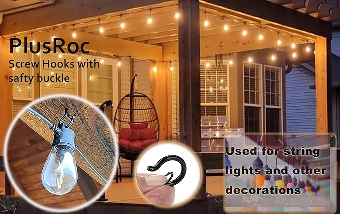 PlusRoc 60 Pack Ceiling Hooks for Hanging Plants Outdoor String Lights Heavy Duty, 2.2 Inch Eye Hook Screw in Cup Hooks Q-Hanger for Patio Lights, Wall Wood Fence Deck Mount(Black) PlusRoc