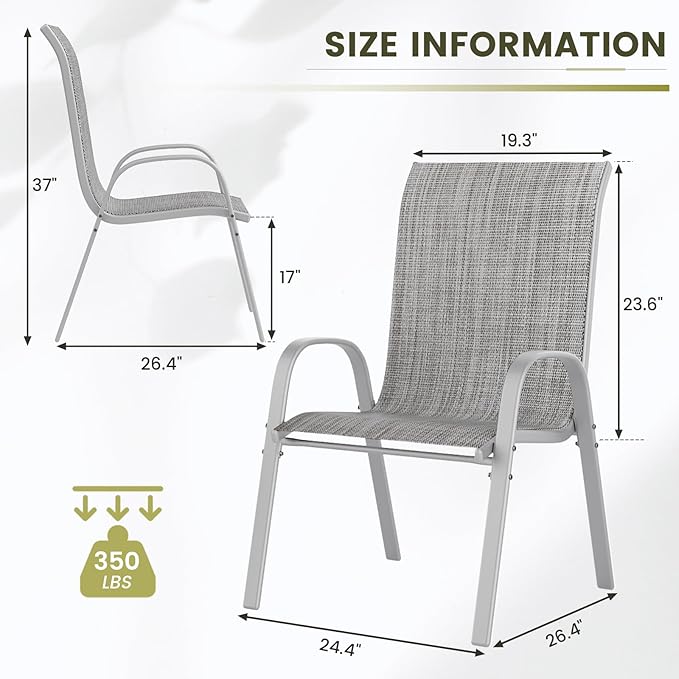 UDPATIO Patio Chairs Set of 2, Stackable Silver Outdoor Dining Chairs with High Back, Breathable Textilene Fabric Outdoor Chair All Weather, 350LBS Capacity for Garden, Backyard (Light Grey) UDPATIO