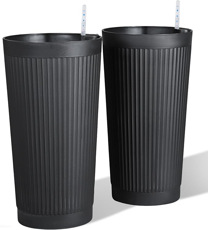 Self Watering Tall Black Planters Outdoor Set of 2, 24” Flower Pots Planters for Outdoor Plants, Modern Plastic Tall Planter for Front Porch, with Drainage Hole (Ribbed) PolarcoForgeco