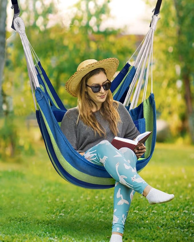 Halalona Hammock Chair Hanging Hammock Chair Rope Swing 2 Cushions Included-Sturdy & Durable Soft Cotton Hand Woven Hammock Swing for Bedroom, Porch, Patio-Indoor/Outdoor Halalona