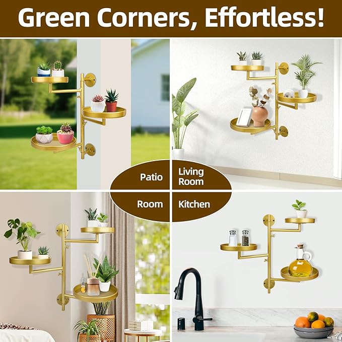 Rotating Window Plant Shelves with Adjustable Knobs, 3 Tiers Metal Wall Shelf for Plants Indoor, Sturdy Hanging Plant Holder, Window Wall Decor & Gardening Gifts (Golden) Rootora
